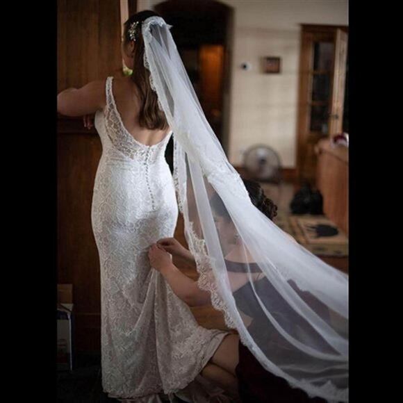 Women's Vintage Lace Bride Wedding Veil 1 Tier Long Cathedral Hair Accessories - Picture 4 of 7